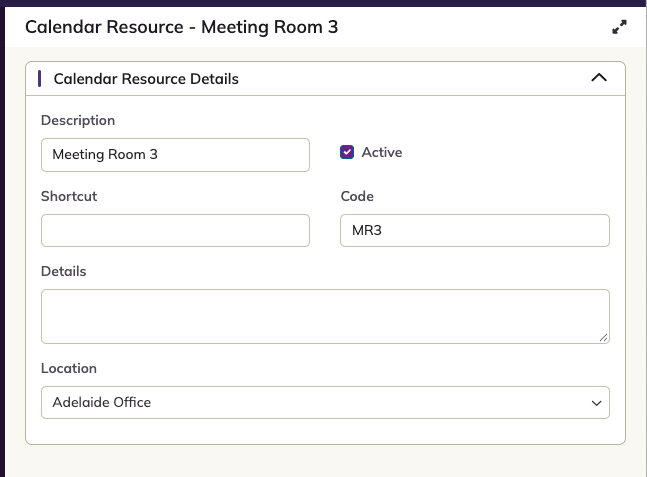 The Calendar Resource details for Meeting Room 3, with its Location set to Adelaide Office