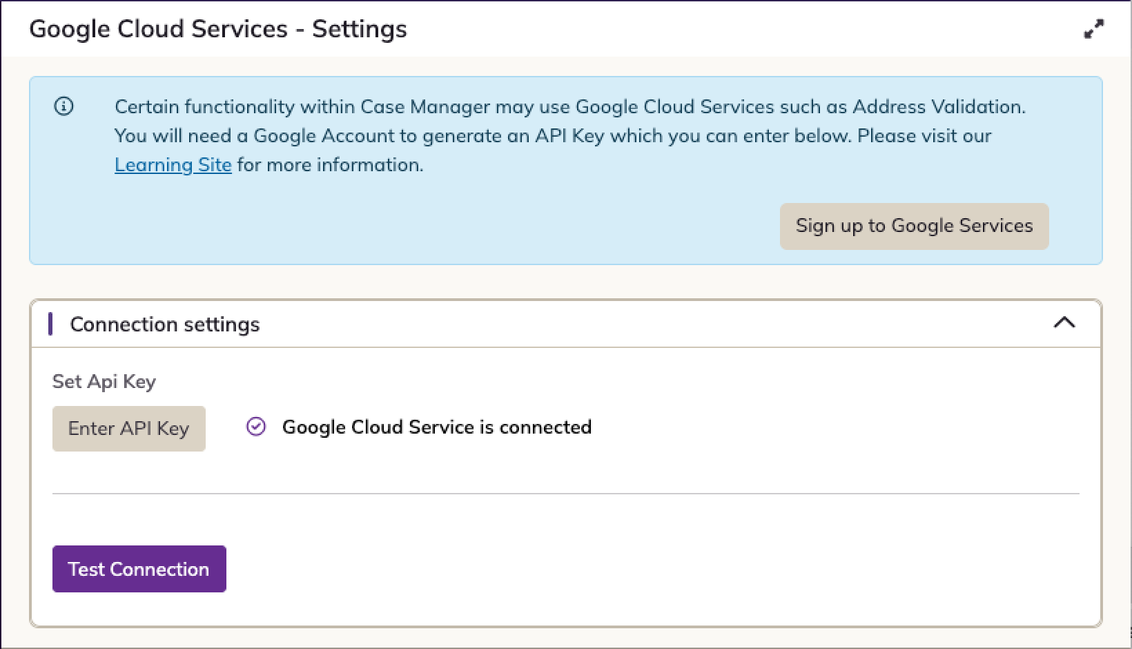 Google Cloud Services settings, showing Enter API Key, Google Cloud Service is connected, and Test Connection