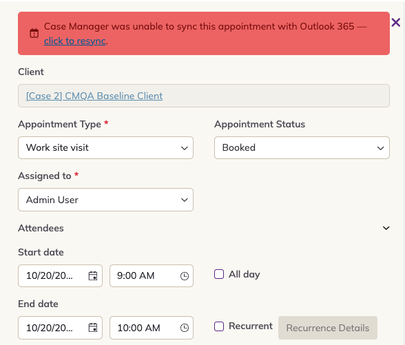 An appointment showing the message: Case Manager was unable to sync this appointment with Outlook 365, click to resync