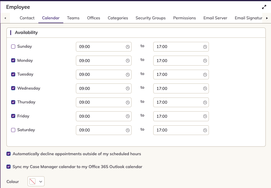 The Calendar tab of an employee record, with availability for each day, auto-decline, Outlook sync and colour