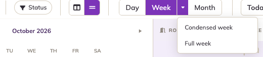 Scheduler toolbar: Status, layout buttons, and the Day, Week and Month views